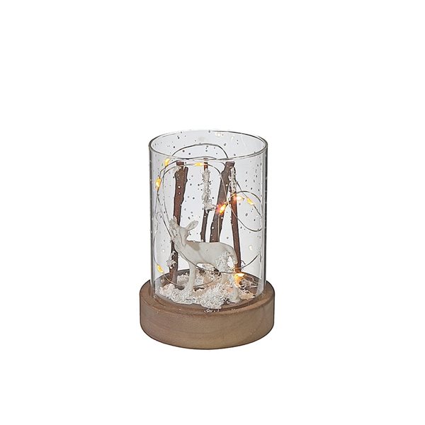 iH casadécor Led Cylinder Glass Stand With Wooden Base Reindeer Branch