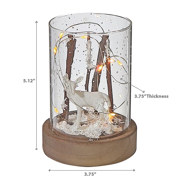 iH casadécor Led Cylinder Glass Stand With Wooden Base Reindeer Branch