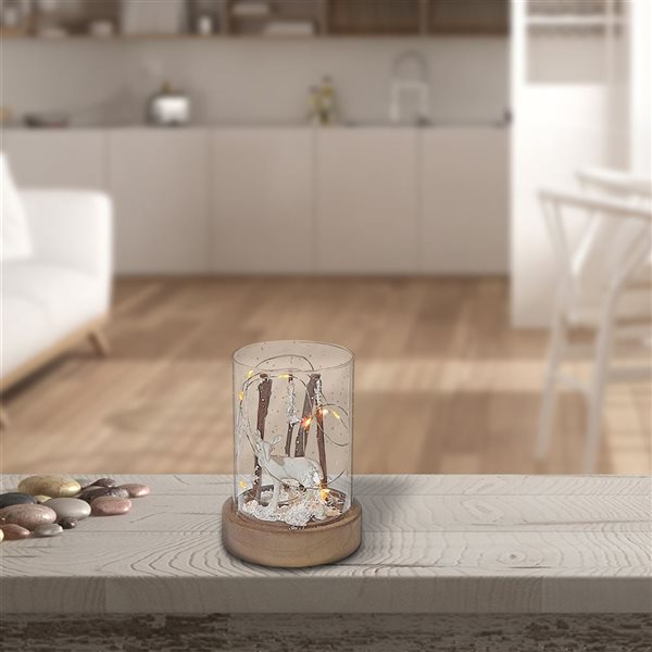 iH casadécor Led Cylinder Glass Stand With Wooden Base Reindeer Branch