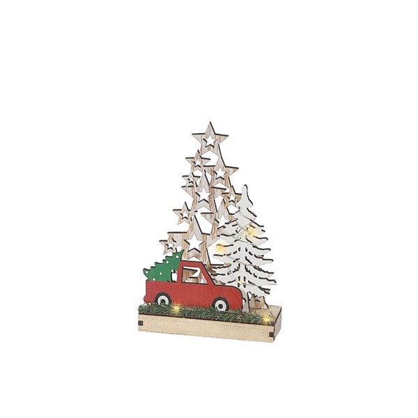 iH casadécor Led Wooden Star Tree And Red Truck Stand Small