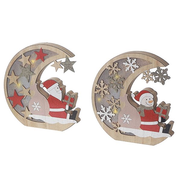 Demi-lune en bois à DEL iH casadécor avec support pour bonhomme de neige/Père Noël - Lot de 2