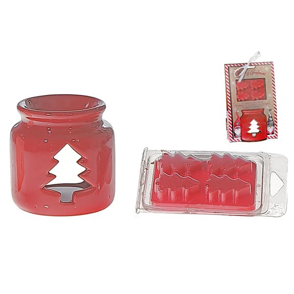 Diffuseur en céramique rouge avec arbre fondant en cire, parfum de canelle et épices