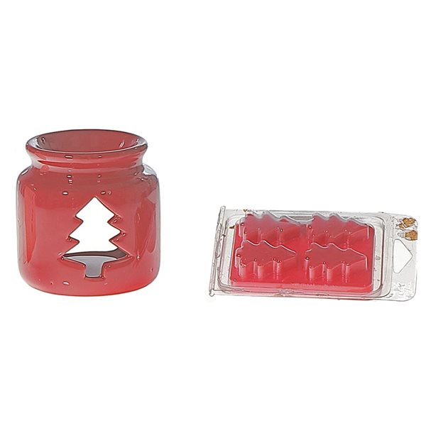 Diffuseur en céramique rouge avec arbre fondant en cire, parfum de canelle et épices