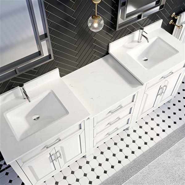 Spa Bathe Thomas 84-in W x 22-in D White Vanity with Quartz Top with Power Bar and Drawer Organizer