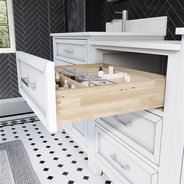 Spa Bathe Thomas 84-in W x 22-in D White Vanity with Quartz Top with Power Bar and Drawer Organizer