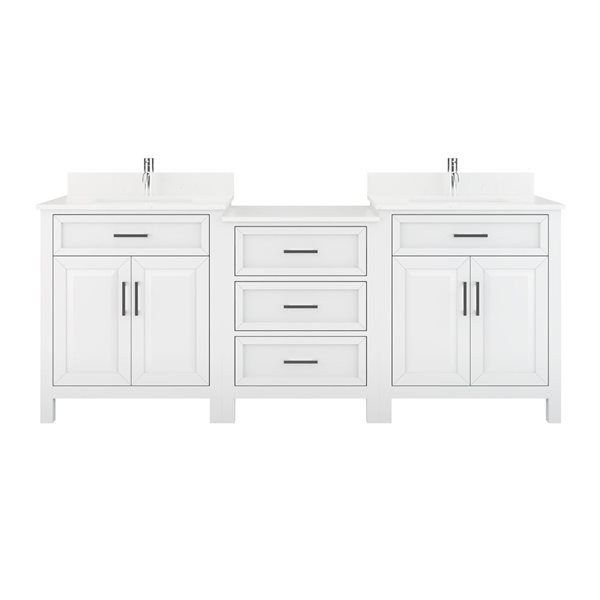 Spa Bathe Thomas 84-in W x 22-in D White Vanity with Quartz Top with Power Bar and Drawer Organizer