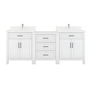 Spa Bathe Thomas 84-in W x 22-in D White Vanity with Quartz Top with Power Bar and Drawer Organizer