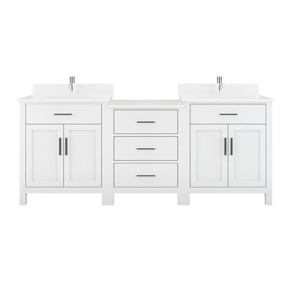 Spa Bathe Kate 84-in W x 22-in D White Vanity with Quartz Top with Power Bar and Drawer Organizer