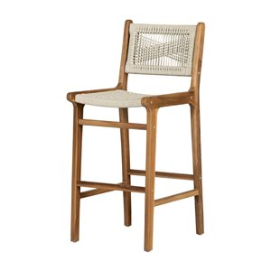 Tabouret de comptoir pour bar avec dossier Balka de South Shore en bois de teck naturel et corde tissée crème 18,5 po l.