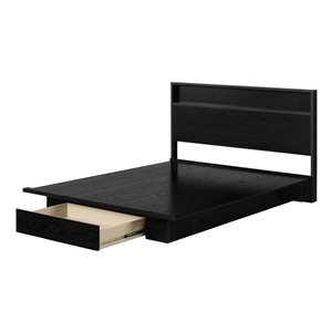 South Shore Primo Black Oak Queen Platform Bed and Headboard Set with Integrated Storage