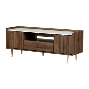 South Shore Hype 60.75-in W Natural Walnut and Faux Carrara Marble Transitional TV Stand w/ Doors and Drawer