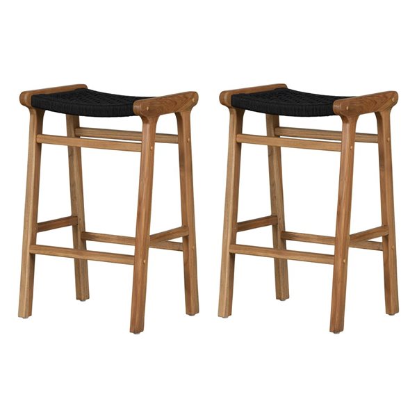 Tabourets de bar de hauteur Agave de South Shore sans dossier en bois de teck naturel et corde noire 18,5 po l., jeu de 2