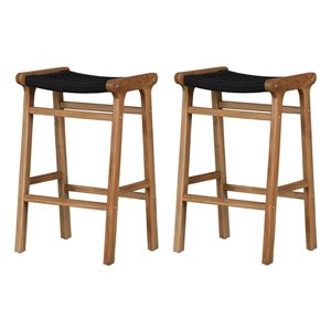 Tabourets de bar de hauteur Agave de South Shore sans dossier en bois de teck naturel et corde noire 18,5 po l., jeu de 2