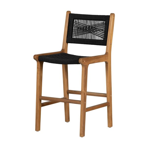 Tabouret de comptoir avec dossier Agave de South Shore en corde tissée noire et bois de teck naturel 18,5 po l.