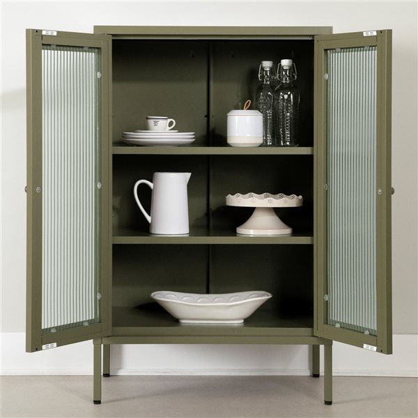 Armoire de rangement en métal Eddison de South Shore à 2 portes en verre 25,5 x 40 po, vert olive