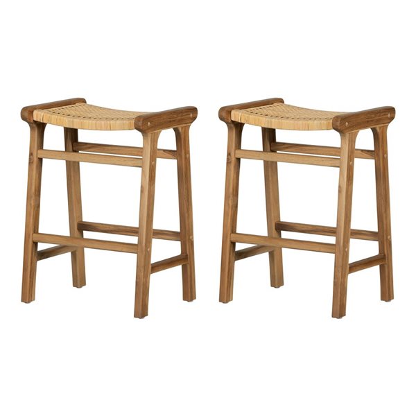 Tabourets de comptoir sans dossier Agave de South Shore en bois de teck naturel et rotin 18,5 po l., jeu de 2