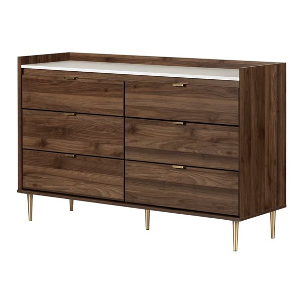 Commode double transitionnelle à 6 tiroirs Hype de South Shore 57 po l., noyer naturel et faux marbre