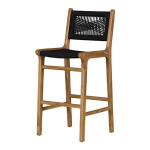 Tabouret de comptoir pour bar avec dossier Balka de South Shore en bois de teck naturel et corde tissée noire 18,5 po l.