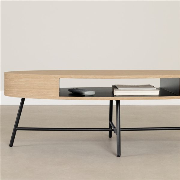 South Shore Mezzy 24 x 47-in  Pale Oak MDF Modern Oval Coffee Table w/ Black Metal Legs