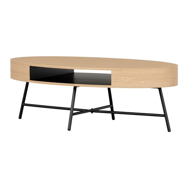 Table basse moderne ovale Mezzy de South Shore 24 x 47 po à pieds en métal noir, chêne clair