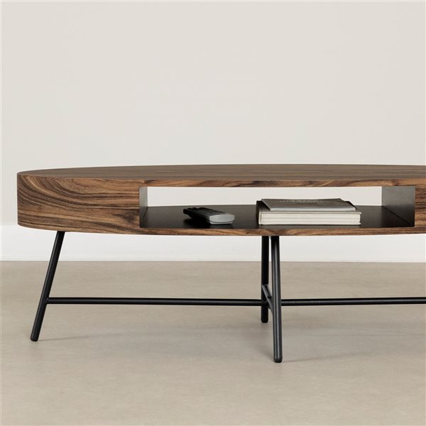 South Shore Mezzy 24 x 47-in Natural Acacia MDF Modern Oval Coffee Table w/Black Metal Legs