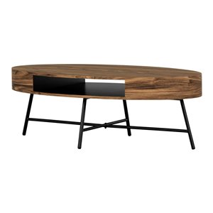 Table basse moderne ovale Mezzy de South Shore 24 x 47 po à pieds en métal noir, acacia naturel