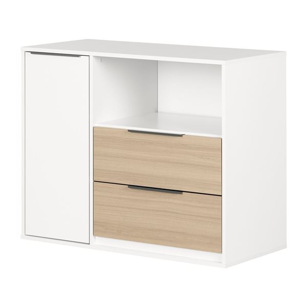 Commode contemporaine à 2 tiroirs Hourra de South Shore avec porte 40 po l., orme doux et blanc