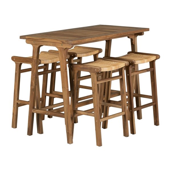 South Shore Agave Natural Teak 5-Piece Bistro Table and Rattan Seat Backless Barstools Set