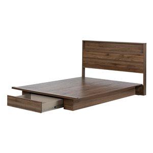 South Shore Tao Natural Walnut Queen Platform Bed and Headboard with Integrated Storage