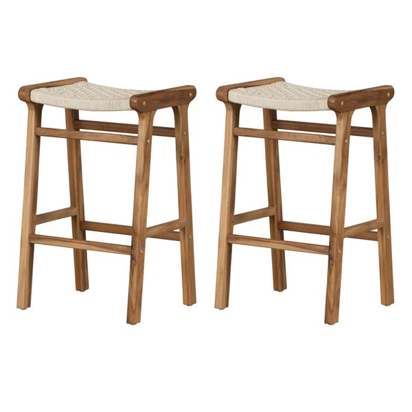 Tabourets de bar sans dossier Agave de South Shore en bois de teck naturel et rotin crème 18,5 po l., jeu de 2