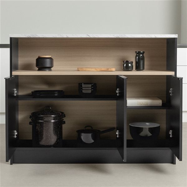 Îlot de cuisine avec étagère de rangement ouverte Olio de South Shore noir mat 46,75 po l., marbre synthétique blanc