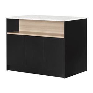 Îlot de cuisine avec étagère de rangement ouverte Olio de South Shore noir mat 46,75 po l., marbre synthétique blanc