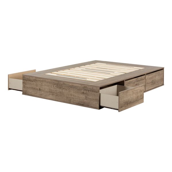South Shore Fusion Weathered Oak 6-Drawer Queen Platform Bed with Integrated Storage