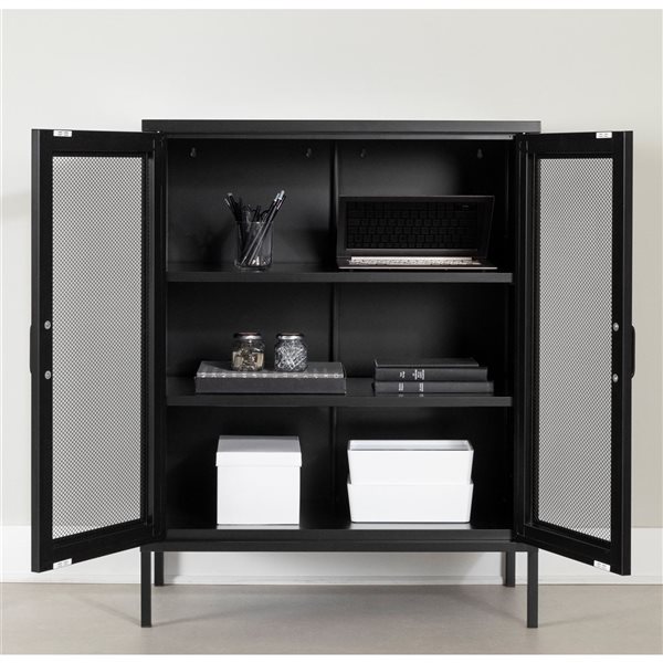 South Shore Crea 31.5-inW Black Metal Mesh Freestanding 2-Door Accent Cabinet