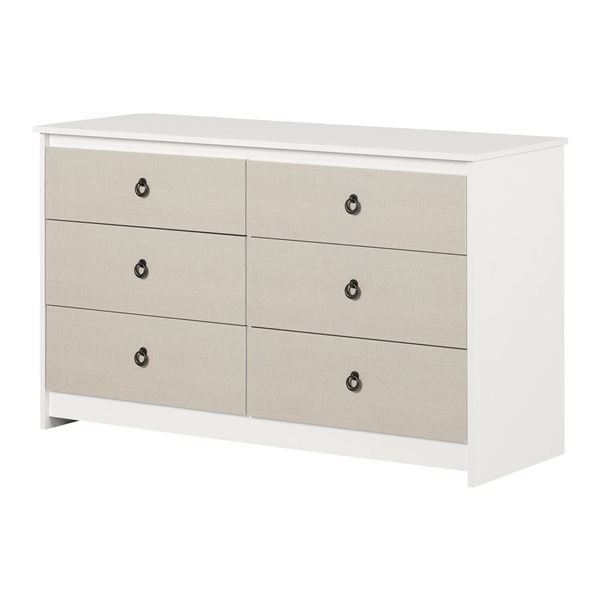 Commode double traditionnelle à 6 tiroirs Plenny de South Shore 52 po l., blanc et beige