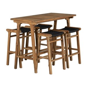 South Shore Agave Black/Natural Teak 5-Piece Bistro Table and Rope Seat Backless Barstools Set