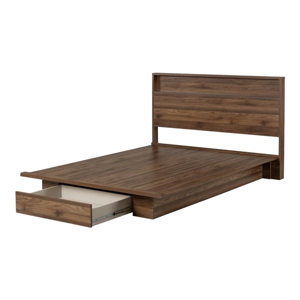 South Shore Holland Natural Walnut Queen Platform Bed and Headboard with Integrated Storage