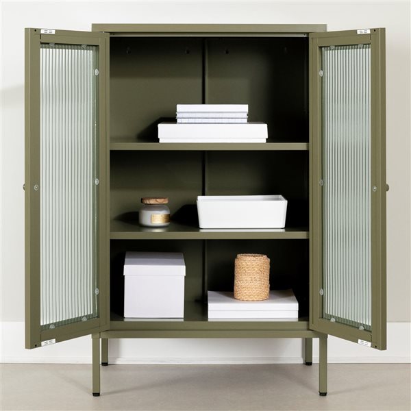 Armoire d’appoint autoportante Kodali de South Shore en métal vert olive avec portes en verre 25,5 po l.