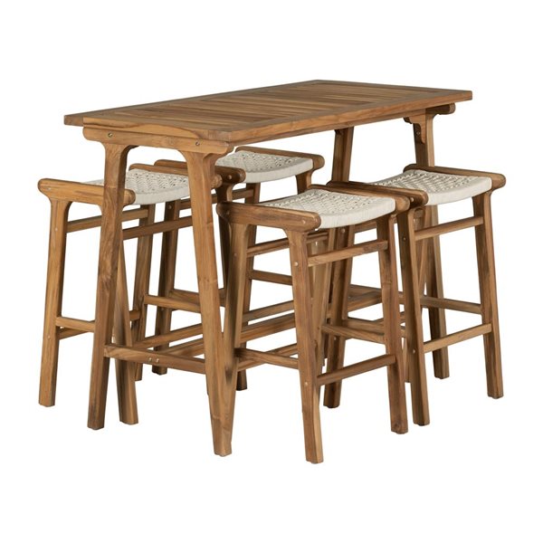 South Shore Agave Cream/Natural Teak 5-Piece Bistro Table and Rope Seat Backless Barstools Set