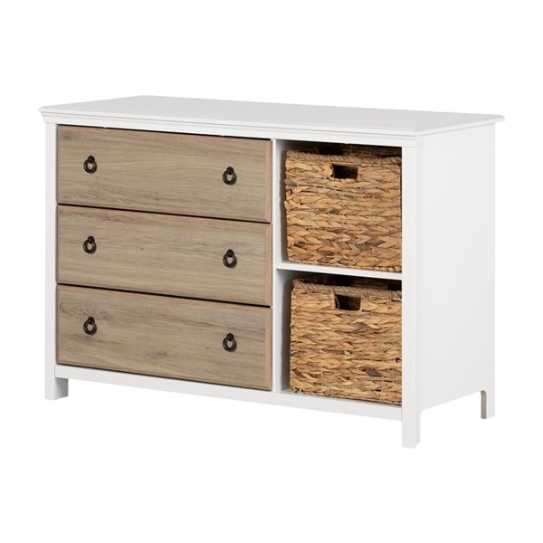 Commode à 3 tiroirs Cotton Candy de South Shore avec paniers 47,25 po l., blanc pur et chêne rustique