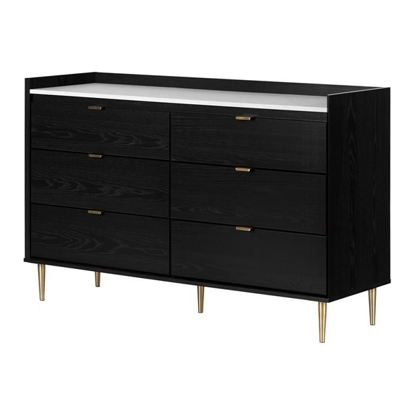 Commode double transitionnelle à 6 tiroirs Hype de South Shore 57 po l., chêne noir et similimarbre de Carrare