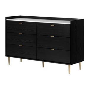 South Shore Hype 57-in W Black Oak and Faux Carrara Marble 6-Drawer Transitional Double Dresser