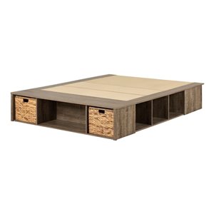 South Shore Prairie Weathered Oak Queen Bed with Integrated Storage and Baskets