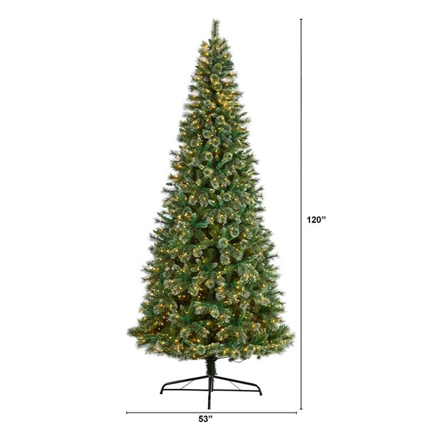 Nearly Natural 10-ft Wisconsin Slim Snow Tip Pine Artificial Christmas Tree with 1050 Clear LED Lights