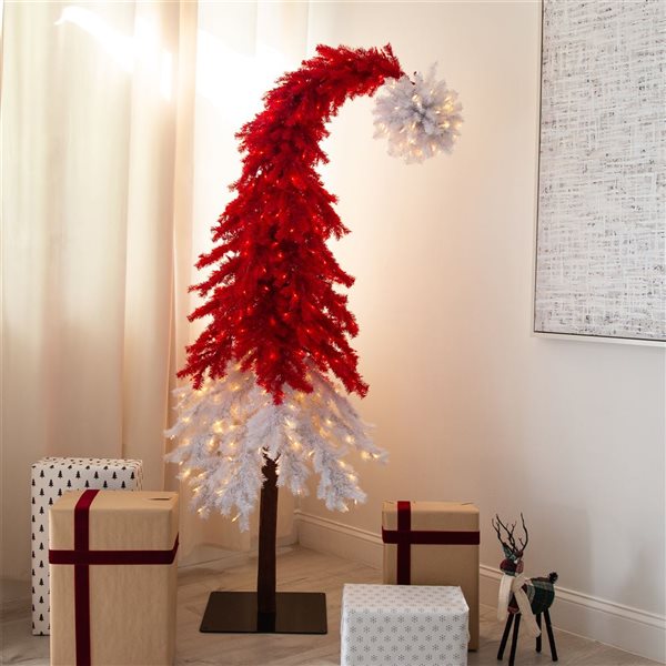 Nearly Natural 7-ft Holiday Red Santa’s Hat Christmas Tree with 500 LED Lights and 1272 Bendable Branches