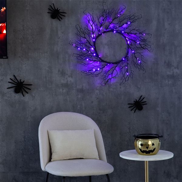 Nearly Natural 23-in Pre-Lit Halloween Black Fall Wreath with 60 Orange and Purple LED Lights