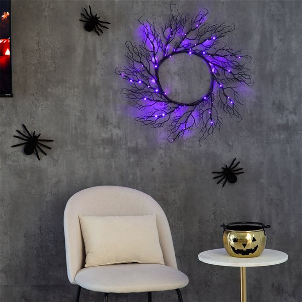 Nearly Natural 23-in Pre-Lit Halloween Black Fall Wreath with 60 Orange and Purple LED Lights