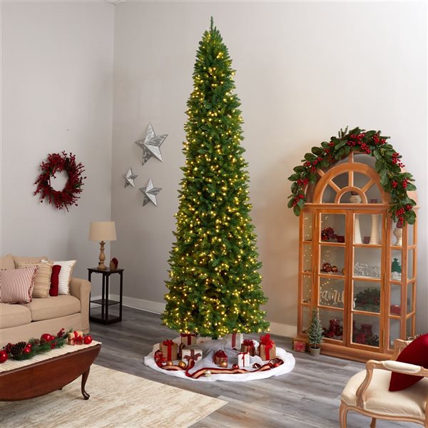 Nearly Natural 12-ft Slim Green Mountain Pine Artificial Christmas Tree with 1100 Clear LED Lights and 3235 Tips