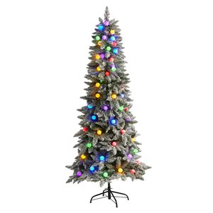 Nearly Natural 6.5-ft Flocked British Columbia Mountain Fir Artificial Christmas Tree in Decorative Planter