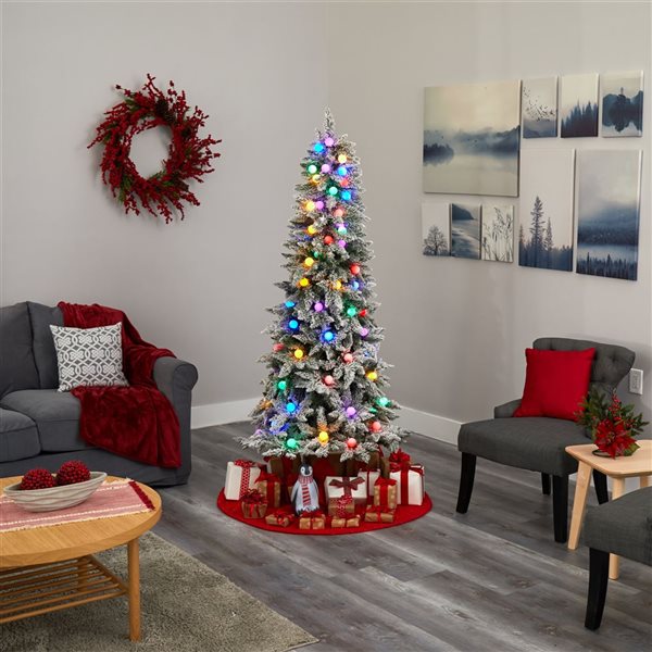 Nearly Natural 6.5-ft Flocked British Columbia Mountain Fir Artificial Christmas Tree in Decorative Planter